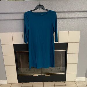 Garnet Hill long sleeve, stretch cotton dress. Teal Blue color